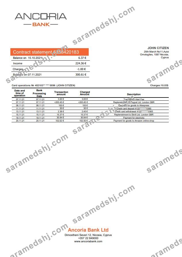 Cyprus Ancoria bank statement